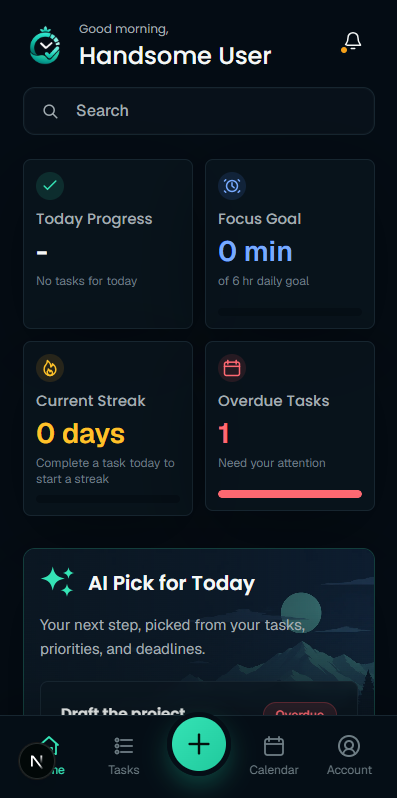 Chrono mobile dashboard with progress cards, an AI task recommendation, and bottom navigation